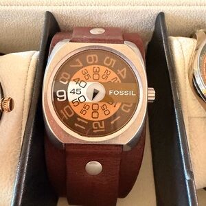 Fossil Men's Brown Leather Watch with Copper-Tone Disk Dial